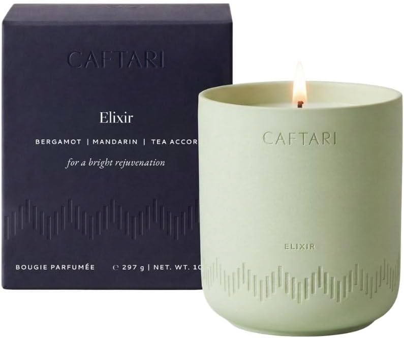 CAFTARI Elixir Scented Candle | Bergamot, Mandarin & Tea Accord | Soy Candles Non Toxic | 60- Hour Burn | Spring Candle | Uplifting Aromatherapy | Ceramic Jar | Luxury Gift for Women | 10.5 oz