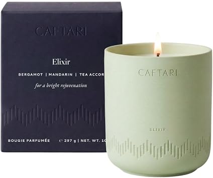 CAFTARI Luxury Aromatherapy Candle | Bergamot & Tea Accord Scented | 60 Hour Burn | Clean Coconut Soy Wax | Vegan, Gift-Ready Candle for Sleep & Home Spa Feel | Elixir
