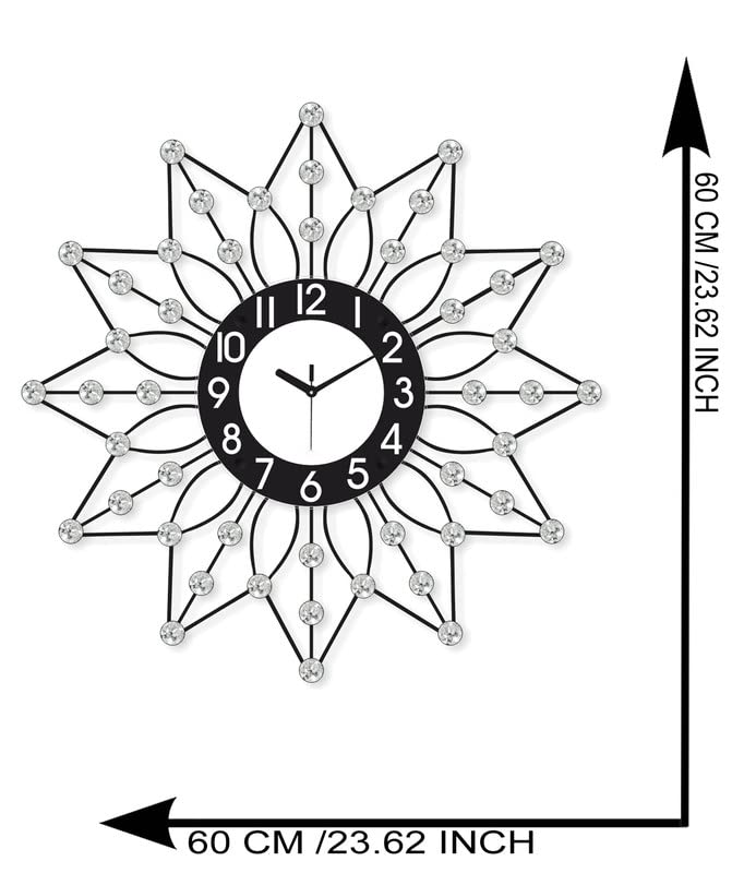 Image of CHRONIKLE Beautiful Floral Design Round Black Diamond Series Analog Home Decor Metal Wall Clock with Sweep Movement (Size: 60 x 5 x 60 CM | Color: Black | Weight: 1185 grm)