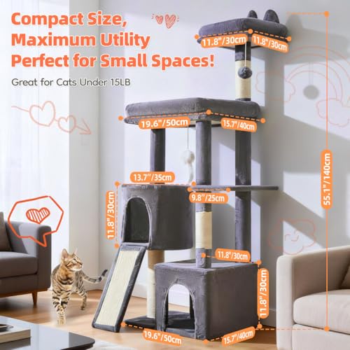 Image of Taoqimiao Cat Tree for Indoor Cats, 55.1In Sturdy Cat Tower, Large Platform, Rotatable Round Condo with Large Scratch Board, Extended Cat House, Thickened Full-Sisal Scratching Post, Smoky Gray, F10G