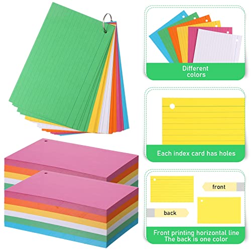 Leelosp 300 Pcs Colored Ruled Index Cards With 6 Rings Neon Color Study Flash Single Hole Punched Lined Flashcards Colorful Studying Notecards One Side For School Supplies (Fresh Color, 5 X 8 In) #TOP2
