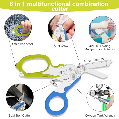 Image of Lemasa6 in 1 Multifunctional Combination Tool, Folding Retractable Emergency Shears, Outdoor Camping Tools, Seat Belt Cutter, Oxygen Cylinder Wrench, Complimentary Adjustable Wrench (blue-green)