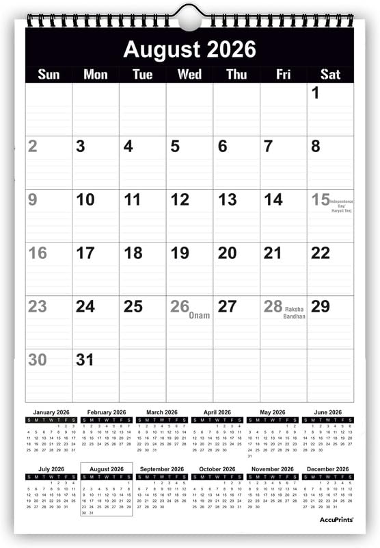 AccuPrints® Wall Calendar 2026 Planner-Size (14 x 20) inch For Office Home Table New Year Hanging Kids (35.5 x 50) cm- (Black Wall)