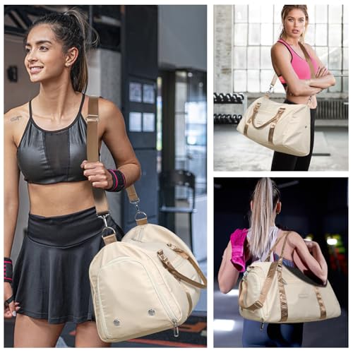 FIORETTO Womens Gym Tote Duffle Bag with Toiletry Bag, Sports Duffel Overnight Hospital Workout Carry on Bag for Girls with Wet Pocket & Shoe Compartment, Ideal for Travel, Swimming, Beige & Brown by FIORETTO - Used condition - Image 6