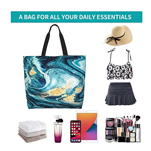 Impcokru Large Tote Bag For Women Reuseable Handbag,Very Beautiful Blue Marble With Gold Powder Shoulder Bag,Double Sided Priting Grocery Bag Foldable For Shopping Travel Activity #TOP6