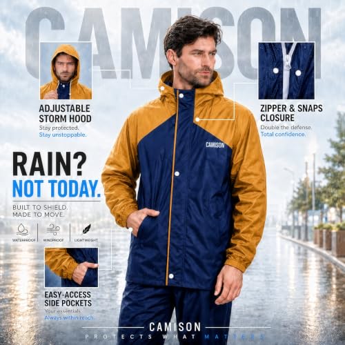 Image of Mens Raincoat Suit with Pant Set Eluxia Series | Waterproof Lightweight Breathable Rain Wear | Elastic Cuff & Waterproof Zipper Raincoat for men waterproof