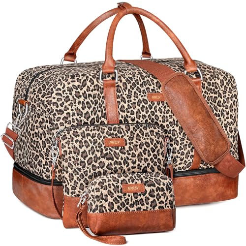 Weekender Bag for Women, 21" Womens Overnight Bag Travel Duffel Bag Set with Shoe Compartment Carry On Bag Fit 21.5" Laptop, Perfect for Travel/Business/Gift (Leopard)