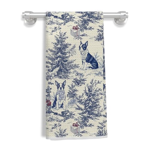 Image of Blue Boston Terrier Christmas Kitchen Towels, Vintage Dog Lover Gifts Dish Tea Towels for Kitchen, French Chinoiserie Holiday Decorative Hand Towel for Bathroom, 16x24 Inch