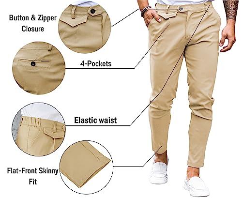 Image of Mens Chinos Slim Fit Pants Stretch Tapered Dress Pant Casual Trousers | Skinny Slacks, Flat Front Design, Stretch Cotton Fabric, Solid or Plaid, Work Dress Pants, Business Casual Wear