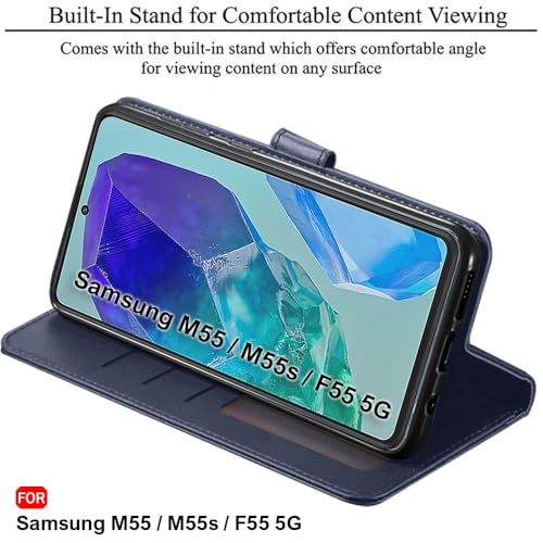 Image of TheGiftKart Flip Back Cover Case for Samsung Galaxy M55 / M55s / F55 5G | Dual-Color Leather Finish | Inbuilt Stand & Pockets | Wallet Style Flip Back Cover Case (Faux Leather, Blue & Brown)