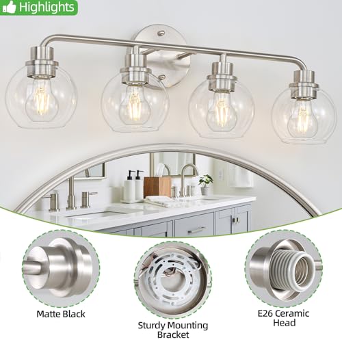 Image of Bathroom Light Fixtures Brushed Nickel Vanity Light Silver 4 Light
