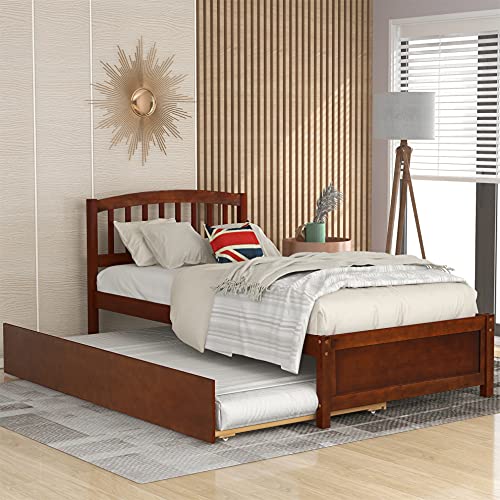 Harper & Bright Designs Twin Bed Frame with Trundle, Wooden Platform Bed with Headboard, Walnut