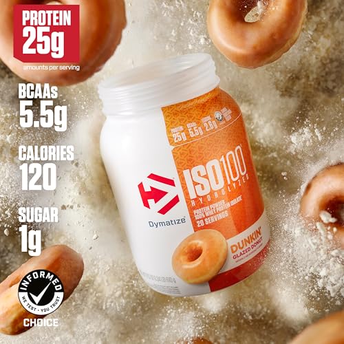 Image of Dymatize x Dunkin' Glazed Donut ISO100 Whey Protein Powder, 25g of Protein, 5.5g BCAAs, 120 Cal., Gluten Free, 1g Fat, 1g Sugar, 2g Carb (20 Servings)