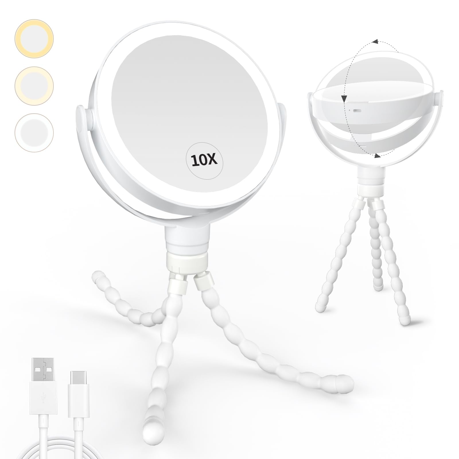 Kintion Lighted Makeup Mirror, 1X/10X Double Sided LED Magnifying Mirror, 3 Color Lights Touch Dimmable Rechargeable Portable Travel Makeup Mirror with Detachable Stand,White