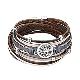 JewelryWe Herren Lederarmband Wickelarmband Punk Lebensbaum Baum des Lebens Boho Multilayer Geflochtene Leder Armband Armreif Wickelarmband Manschette mit Magnetverschluss
