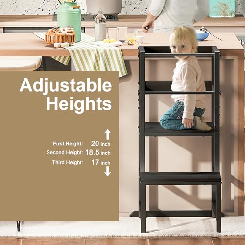 Image of INNOD Kitchen Step Stool for Toddlers, Height Adjustable Toddler Tower with Safety Rail, Steel and Wood Toddler Kitchen Stool Helper Kids, Stool for Kids, Learning Tower, Kids' Desk Black