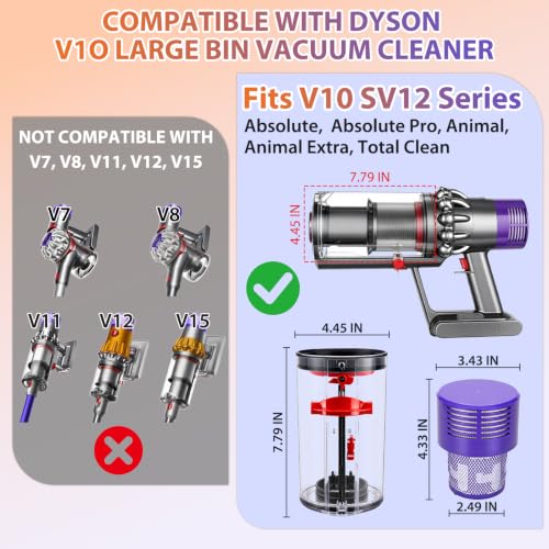 Image of 7.8in V10 Large Dust Bin Replacement & Filter for Dyson V10 SV12 Vacuum