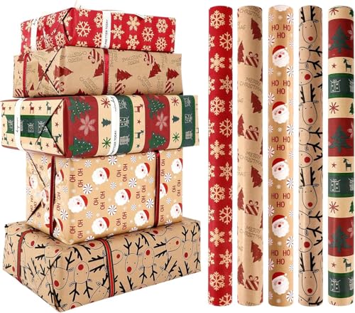 Qukou 5 Pack Christmas Wrapping Paper Roll 17 inch...
