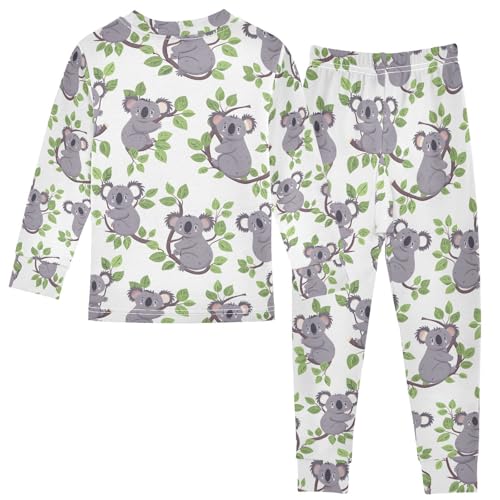 ALAZA Cartoon Leaf Koala White Pajamas Long Sleeve Sleepwear 2-Piece Pajama Set2
