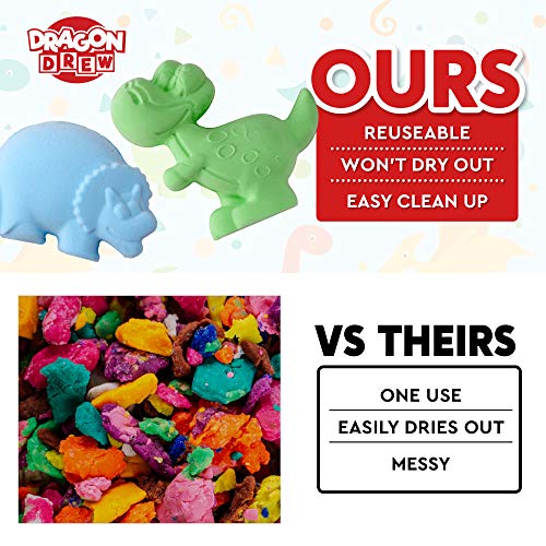 Dragon Drew Kinetic Modeling Clay Sand - 17 Piece Flossy Play Dough Set – 10 Jurassic Dinosaur Plastic Molds - 6 Colors - Reusable, Moldable, Stretchy, Non Sticky, Non Drying, Silky Smooth
