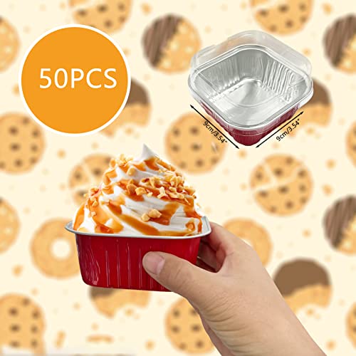 50 Pcs Aluminum Foil Mini Square Baking Cups With Lids,5Oz Disposable Ramekins Cake Pans,Cupcake Baking Cups Containers For Bread Muffin Brownie Cheesecake,Red #TOP1