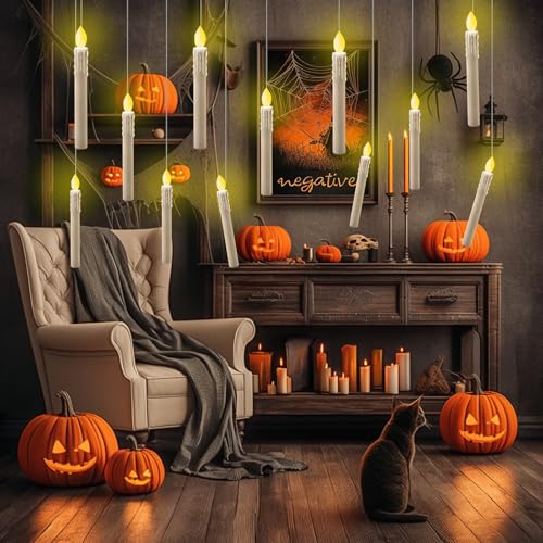 Lot de 12 bougies flottantes avec télécommande - Fonctionne à piles - Lumière chaude sans flamme - Bougies coniques à LED vacillantes - Décoration magique à suspendre pour Halloween, fête de Noël – Image 6