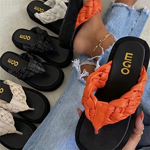 OMEARK Women Flip-Flops Slides Sandals Thick Bottom Medium Heel Round Toe Flat Shoes Female Summer Platform Casual Large Size PU Toe Post Sandals Footwear Anti Slip4