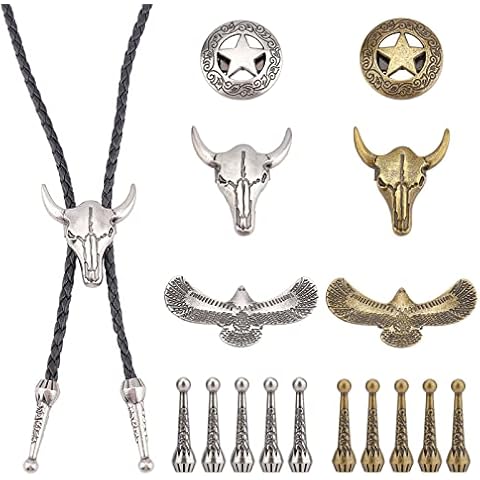 CHGCRAFT 18pcs 4Styles Bolo Tie Tips Replacement End Caps with OX Head Star Eagle Bolo Tie Slide Clasp and Cord Ends Clasp for DIY Bracelet Necklace Jewelry Making, Antique Bronze and Silver Cover