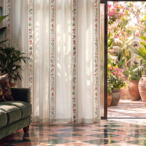 Image of Urban Space 100% Cotton Floral Curtains 8 Feet Long Set of 2, 60-65% Room Darkening, Decorative Curtains with Eyelets /Rings for Hanging, Tieback Included (Bela, Long Door - 8 Feet)