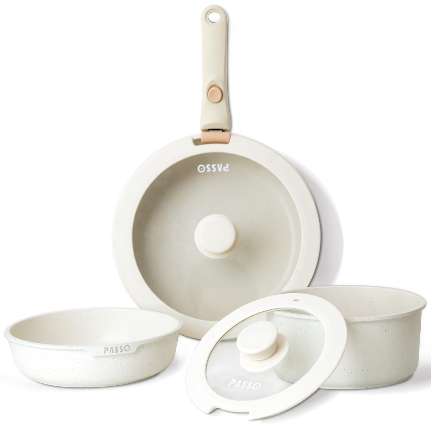 PASSO パッソ フライパン セット 6点 IH対応 ガス火対応 取っ手のとれる 鍋セット フライパン 18cm 26cm 軽量・マーブルコート加工 こびりつきにくい 手入れ簡単 オーブン対応 一人暮らし キッチン用品 食器 調理器具 ベージュ passo-set6