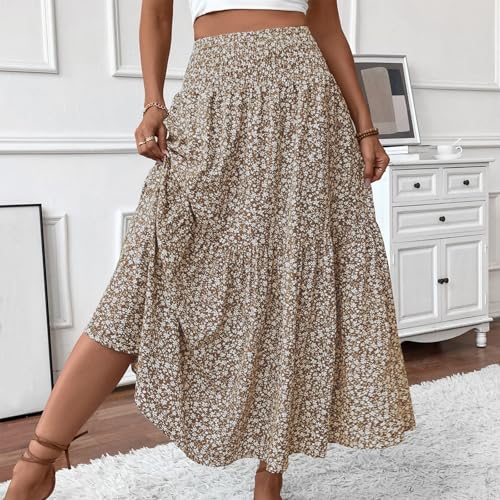 Floral Maxi Skirt for Women Summer Comfy Tiered Elastic High Waisted Skirts Vacation A-Line Flowy Swing Long Skirts2