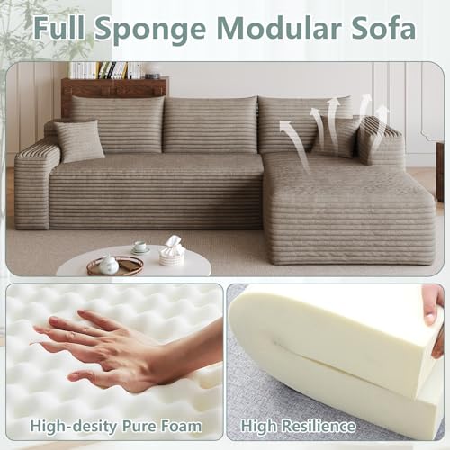 Image of 95 inch Modular Sectional Sofa, Modern Corduroy Cloud Couch with Side Pockets, Boneless Couch Upholstered 3-Seater L-Shaped Sofa for Living Room, No Assembly Required (Camel,Right-Facing Chaise)