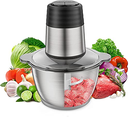 Hunk Shopper’s Electric Food Chopper, 2L 8-Cup Stainless Steel Bowl Kitchen Mini Food Processor for Meat Vegetables Fruits or Nuts, 200W 4 bi-Level Blades Meat Grinder Blender, Fast & Slow 2 Speeds
