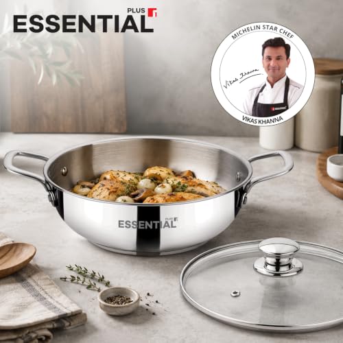 Image of BERGNER Essential Plus Stainless Steel Kadai with Glass Lid, 24cm (2.8 L), Even Heat Distribution, Consumes Less Oil, Healthy Cooking, Easy to Clean - Induction and Gas Stove Ready