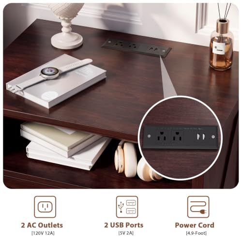 Image of HOMMPA 24'' Farmhouse Nightstand with Charging Station, Bedside Tables with AC Outlets & USB Port, 2 Drawers Side Table End Table with Open Shelf, Rustic Wood Night Stand for Bedroom, Maroon Brown
