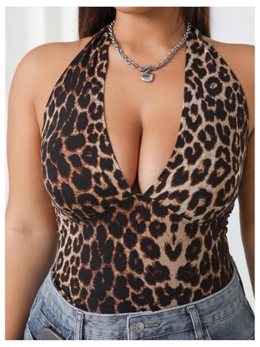 WDIRARA Women's Plus Size Leopard Print Halter Top V Neck Sleeveless Tie Backless Tank Cami Tops3