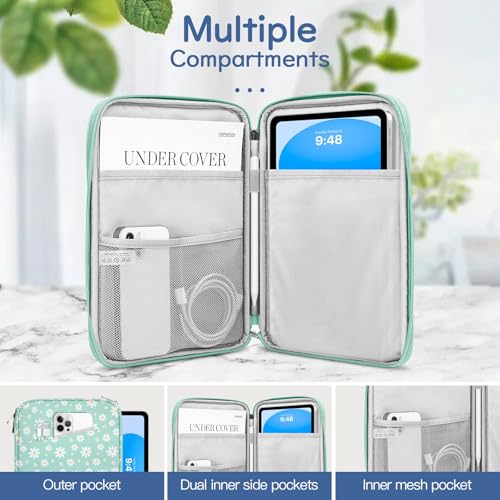 Image of Dadanism 9-11 Inch Tablet Sleeve Bag Carrying Case for iPad (A16) 11th Gen 11 inch, iPad 10th Gen 10.9 inch Air 5 /4, iPad Air M4 /Pro M5 11 inch, iPad 9 /8 /7th Gen 10.2 inch, Galaxy Tab A11+ Plus 11 inch,Green&White Daisy