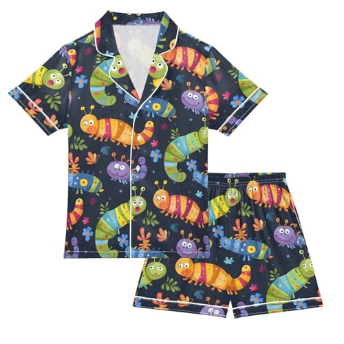 ALAZA Colored Cartoon Caterpillar Satin Pajamas Set Short Sleeve Button Down Sleepwear Summer Pjs 2 Piece
