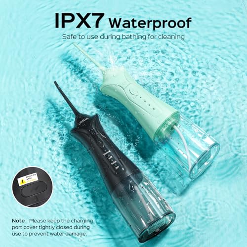 Image of COSLUS C30 Water Dental Flosser Pick for Teeth: 4 Modes Cordless Portable 300ML Larger Tank Water Teeth Cleaner IPX7 Flossing Cleaning Picks for Home Travel Black Green 2pcs Portable Set
