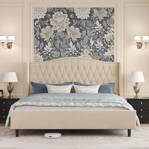 Belffin King Bed Frame and Headboard, Luxury Upholstered Velvet Platform Bed with Wingback, Button Tufted & Nailhead Trim, Anti-Slide Tall Footboard, No Box Spring Needed, Noise-Free, Beige