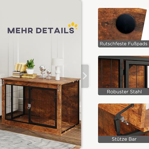 PawHut Hundekäfig Möbel, Hundebox für Zuhause, für große Hunde unter 30 kg, Hundehaus mit 2 verschließbaren Türen, Stahl, 98 x 60 x 65,5 cm, Rustikales Braun