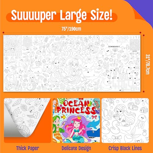 Image of Mermaid World Coloring Poster, Large Coloring Activity Paper 75 inch x 31 inch Jumbo Size Ocean-themed Paper DIY Painting Drawing Banner /Tablecloth for School, Wall Decor