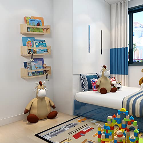 Esonal Natural Floating Bookshelf Wood Nursery Book Shelves 16 Inch Wall Mounted Bookshelf Set Of 3 Same Dimensions Suitable For Kitchen Bedroom Living Room #TOP5