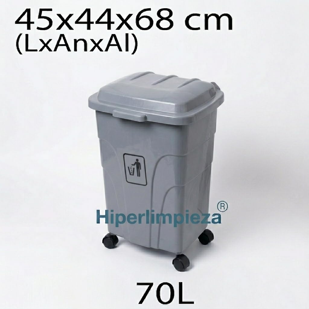 Cubo de Basura con Ruedas Auren 70L, Papelera de Reciclaje Grande con 4 Ruedas Giratorias, Contenedor de Plástico Resistente para Hostelería, Restaurantes y Terrazas, 45x44x68 cm (Gris)