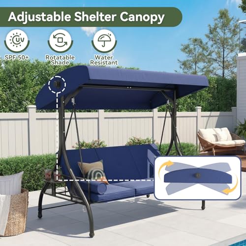 Image of Aoxun Outdoor Porch Swing with Stand and Canopy, 3 Seats Outdoor Swings for Adults, Convertible 2 in 1 Swing Bed with Cup Holder, Patio Swings with Thicken Cushions for Garden, Yard & Balcony, Blue