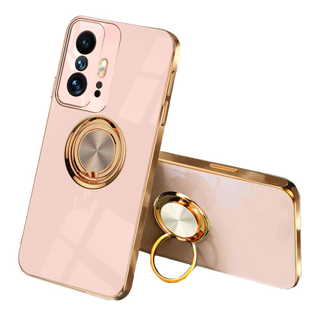 SEEKOO Case for Xiaomi 11T Pro 5G / Xiaomi 11T 5G, Ultra Thin TPU Bumper Shockproof Soft Cover Electroplating Phnom Penh Design Silicone Skin Slim Case with 360 Degree Ring Kickstand, Pink