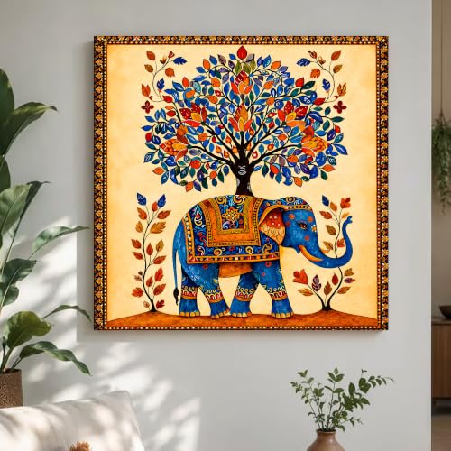 Image of Madhubani Elephant Stretched Canvas Painting for Living Room Wall Decor, Tree of Life Indian Traditional Vastu Stretched Canvas Wall Art for Vastu Place Bedroom Home Hallways Office Hotel, Size 22x22 Inch