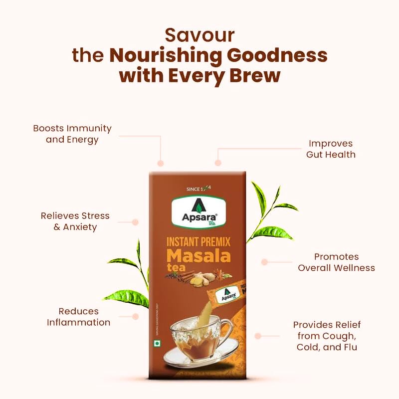 Image of APSARA Instant Tea Premix Masala Chai 10 Sachets | Ready To Drink, Masala Tea Powder | Masala Chai Enriched With 100% Natural Ingredients - Ginger, Cardamom, Black Peper, Clove, Cinnamon and Nutmeg