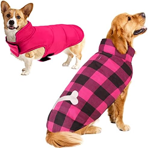 SUNFURA Plaid Dog Coat, British Style Dog Winter Jacket Outdoor Dog Vest with Windproof Collar and Leash Hole, Buffalo Plaid Dog Cold Weather Coats Warm Clothes Pet Apparel for Small Medium Large Dogs