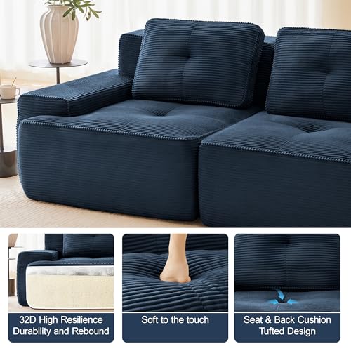Image of 153 inch Extra Large 4-Seater Modular Boneless Couch, Luxury Corduroy Fabric, Deep Seat Cloud sectional Sofa with Buckle Connection, No Assembly Anti-Slip Couch for Big Living Room, Blue